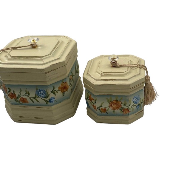 Vintage Hexagon Nesting Wood Jewelry Urn Boxes Floral Shabby Chic Crystal Handle - Picture 7 of 12